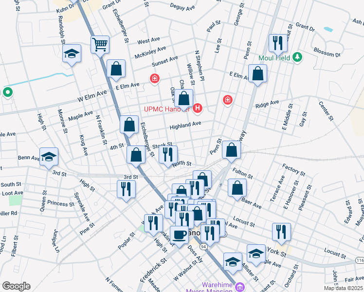 map of restaurants, bars, coffee shops, grocery stores, and more near 219 Stock Street in Hanover