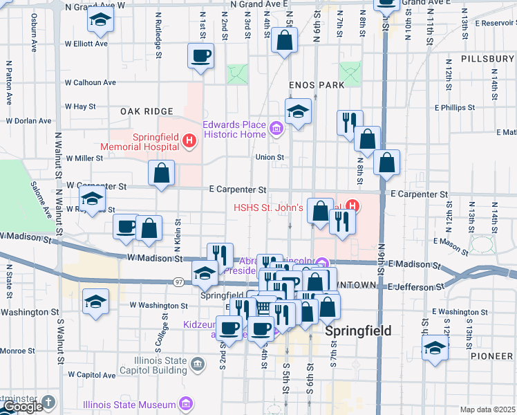 map of restaurants, bars, coffee shops, grocery stores, and more near 520-598 North 4th Street in Springfield