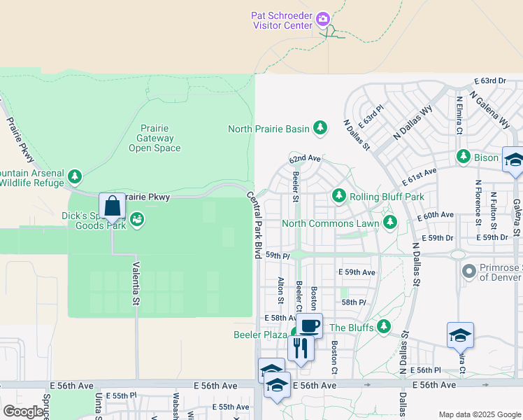 map of restaurants, bars, coffee shops, grocery stores, and more near 8900 East 61st Avenue in Denver