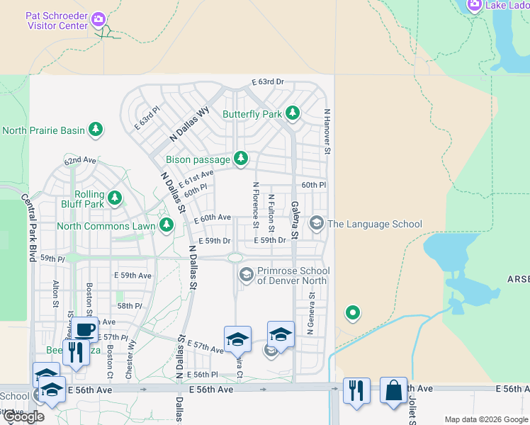 map of restaurants, bars, coffee shops, grocery stores, and more near 6028 North Florence Street in Denver