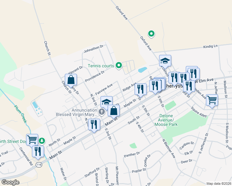 map of restaurants, bars, coffee shops, grocery stores, and more near 355 Ridge Avenue in McSherrystown