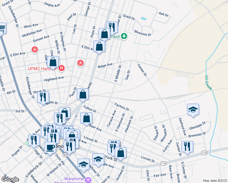 map of restaurants, bars, coffee shops, grocery stores, and more near 507 East Middle Street in Hanover