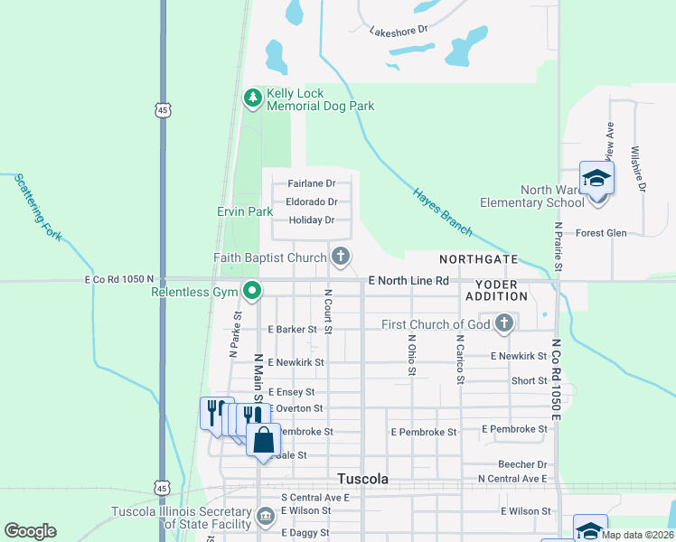 map of restaurants, bars, coffee shops, grocery stores, and more near 300 East North Line Road in Tuscola