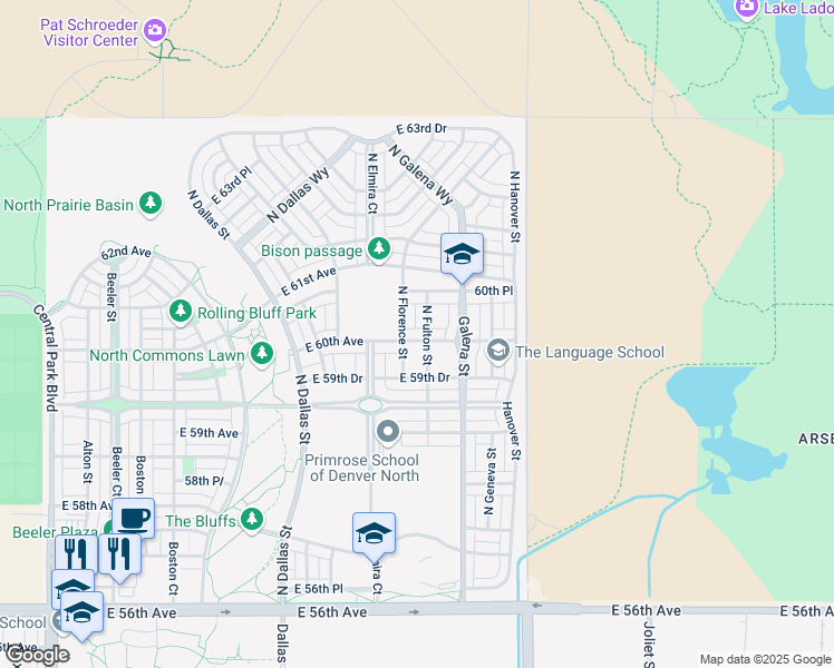 map of restaurants, bars, coffee shops, grocery stores, and more near 10053 East 60th Avenue in Denver