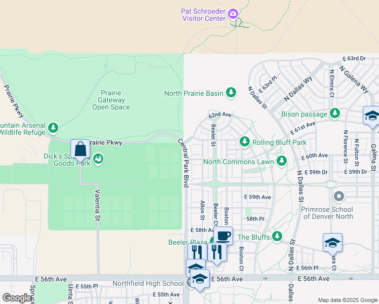 map of restaurants, bars, coffee shops, grocery stores, and more near 6052 Central Park Boulevard in Denver