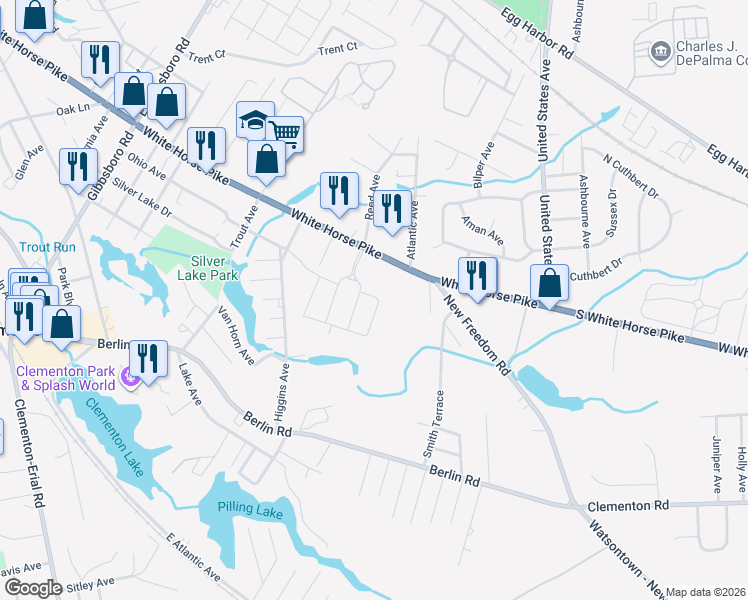 map of restaurants, bars, coffee shops, grocery stores, and more near 2 Rowand Way East in Clementon