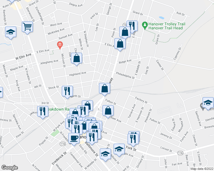 map of restaurants, bars, coffee shops, grocery stores, and more near 512 Broadway in Hanover
