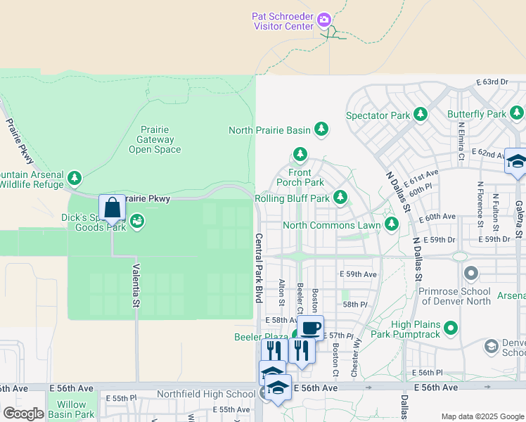 map of restaurants, bars, coffee shops, grocery stores, and more near 8900 East 61st Avenue in Denver