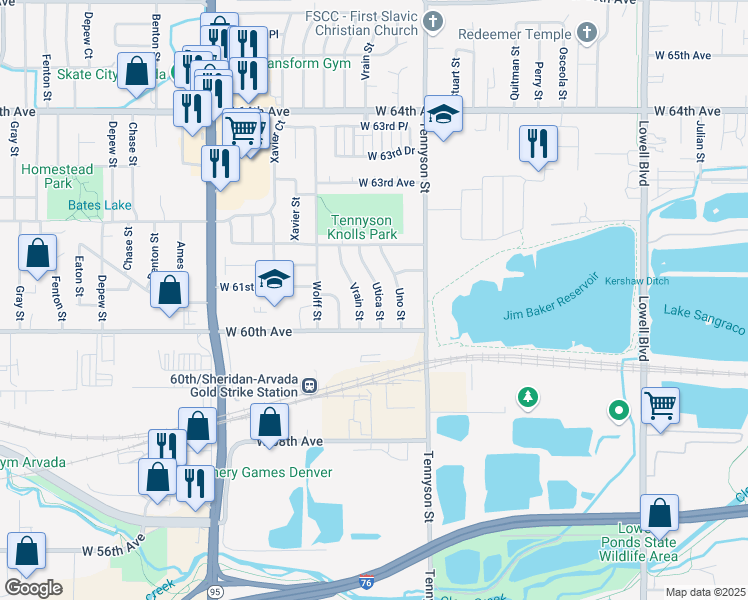 map of restaurants, bars, coffee shops, grocery stores, and more near 6065 Utica Street in Arvada