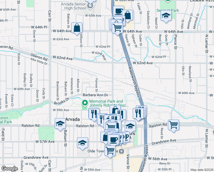 map of restaurants, bars, coffee shops, grocery stores, and more near 7665 West 61st Avenue in Arvada