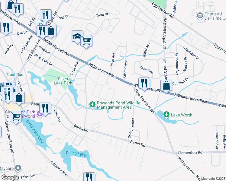 map of restaurants, bars, coffee shops, grocery stores, and more near 2 Rowand Way East in Clementon