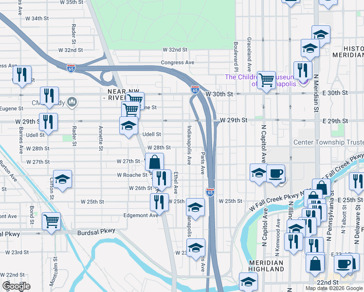 map of restaurants, bars, coffee shops, grocery stores, and more near 521 Udell Street in Indianapolis