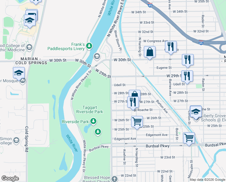 map of restaurants, bars, coffee shops, grocery stores, and more near 2829 East Riverside Drive in Indianapolis