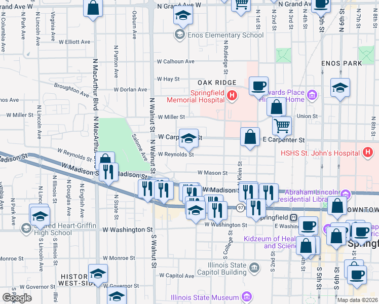 map of restaurants, bars, coffee shops, grocery stores, and more near 500-598 Taylor St in Springfield