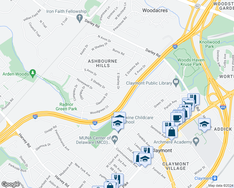 map of restaurants, bars, coffee shops, grocery stores, and more near 114 South Shelley Drive in Claymont