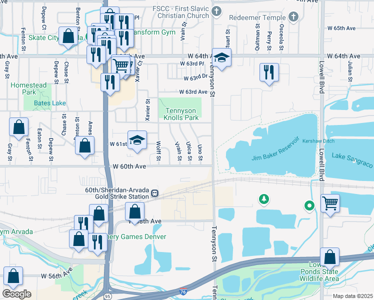 map of restaurants, bars, coffee shops, grocery stores, and more near 6065 Utica Street in Arvada