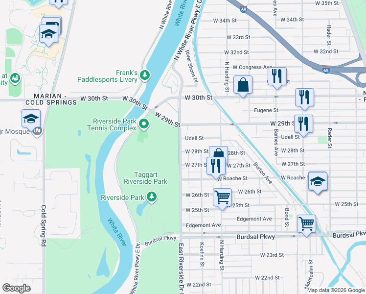 map of restaurants, bars, coffee shops, grocery stores, and more near 2829 East Riverside Drive in Indianapolis