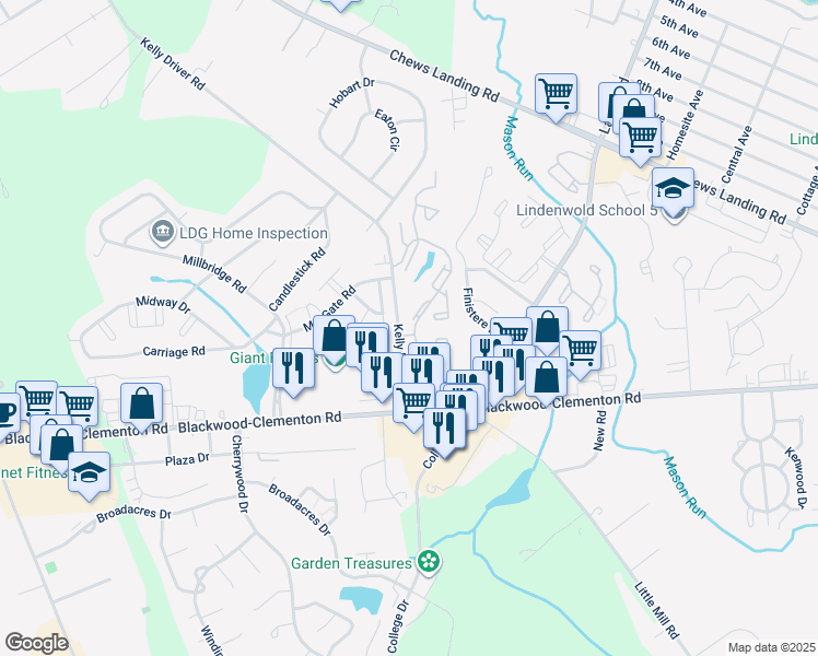 map of restaurants, bars, coffee shops, grocery stores, and more near 109 Via Cascata Drive in Clementon
