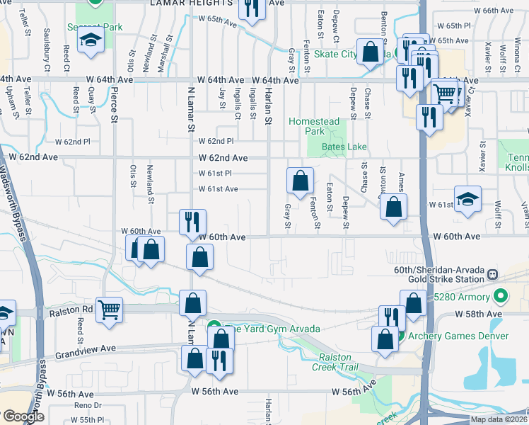map of restaurants, bars, coffee shops, grocery stores, and more near 6073 Harlan Street in Arvada