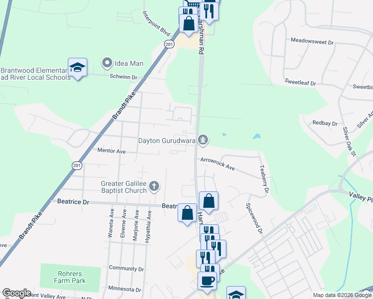 map of restaurants, bars, coffee shops, grocery stores, and more near 2325 Harshman Road in Dayton