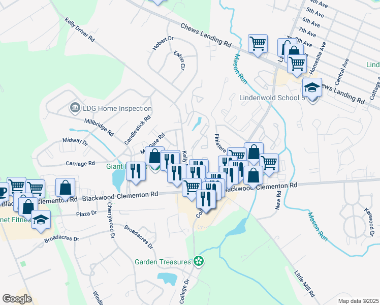 map of restaurants, bars, coffee shops, grocery stores, and more near 109 Via Cascata Drive in Clementon