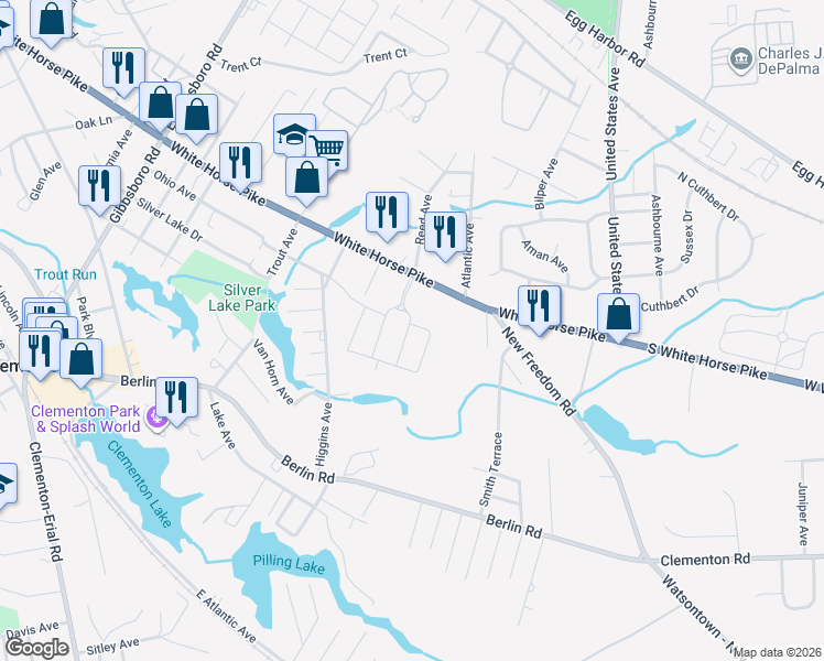 map of restaurants, bars, coffee shops, grocery stores, and more near 33 Rowand Way East in Clementon
