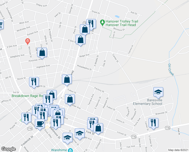 map of restaurants, bars, coffee shops, grocery stores, and more near 507 East Middle Street in Hanover