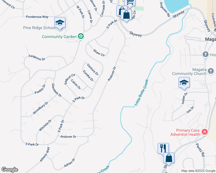 map of restaurants, bars, coffee shops, grocery stores, and more near 13728 Andover Drive in Magalia