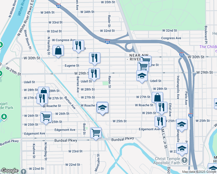 map of restaurants, bars, coffee shops, grocery stores, and more near 1002 West 28th Street in Indianapolis