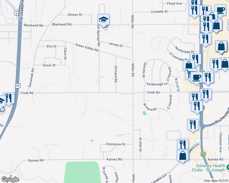 map of restaurants, bars, coffee shops, grocery stores, and more near 4405 Orchard Road in Saint Joseph