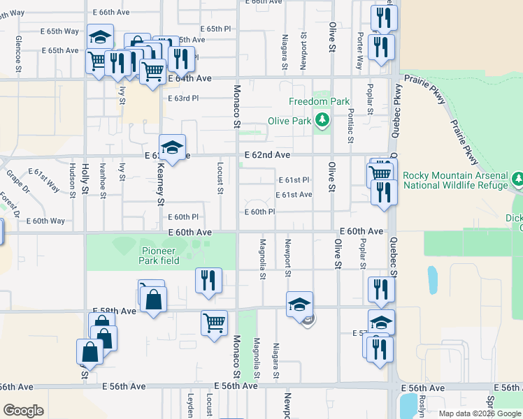 map of restaurants, bars, coffee shops, grocery stores, and more near 6618 Conter Avenue in Commerce City