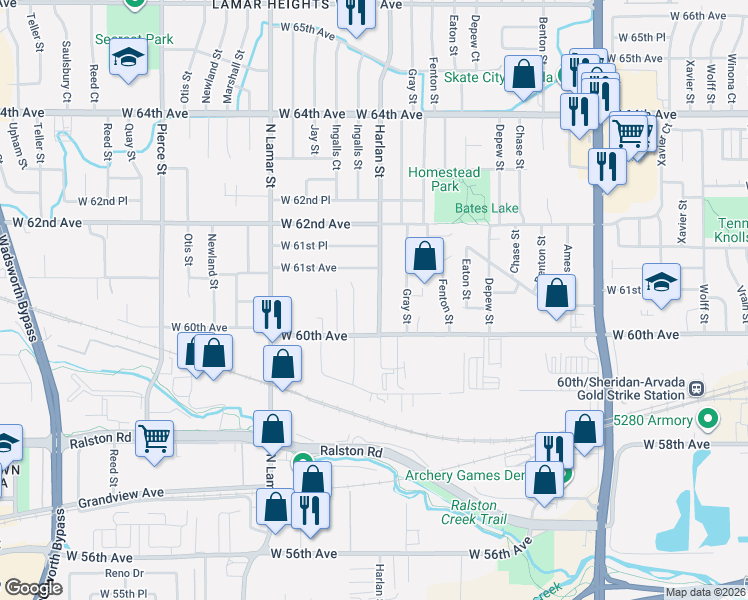 map of restaurants, bars, coffee shops, grocery stores, and more near 6073 Harlan Street in Arvada