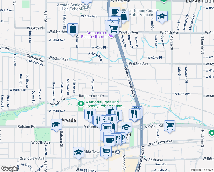 map of restaurants, bars, coffee shops, grocery stores, and more near 6090 Olde Wadsworth Boulevard in Arvada