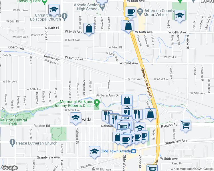 map of restaurants, bars, coffee shops, grocery stores, and more near 6021 Yarrow Street in Arvada