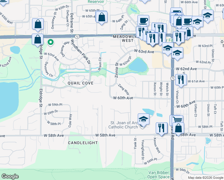 map of restaurants, bars, coffee shops, grocery stores, and more near 6053 Alkire Court in Arvada