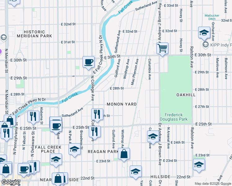 map of restaurants, bars, coffee shops, grocery stores, and more near 2752 Guilford Avenue in Indianapolis