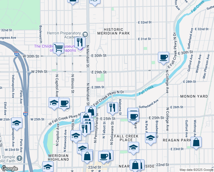 map of restaurants, bars, coffee shops, grocery stores, and more near 2801 North Talbott Street in Indianapolis