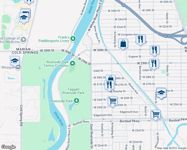 map of restaurants, bars, coffee shops, grocery stores, and more near 2829 East Riverside Drive in Indianapolis