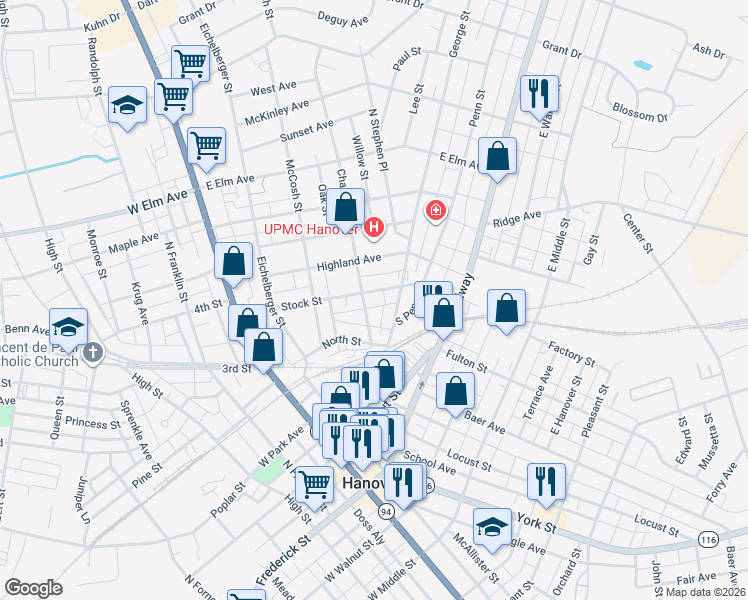 map of restaurants, bars, coffee shops, grocery stores, and more near 305 Stock Street in Hanover