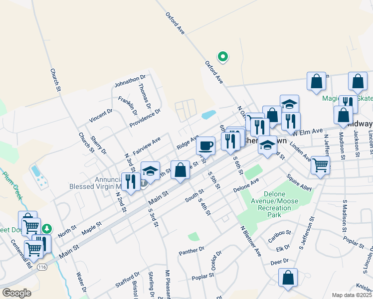 map of restaurants, bars, coffee shops, grocery stores, and more near 414 Walnut Street in McSherrystown