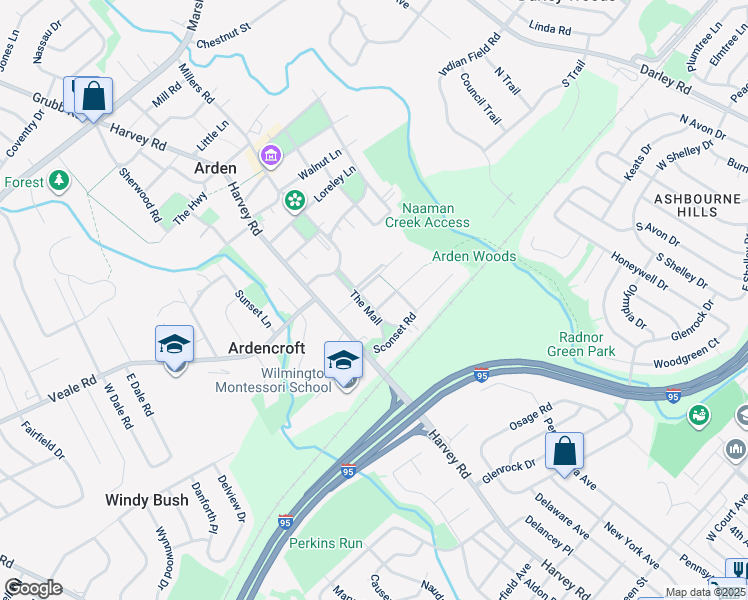 map of restaurants, bars, coffee shops, grocery stores, and more near 1511 The Mall in Wilmington