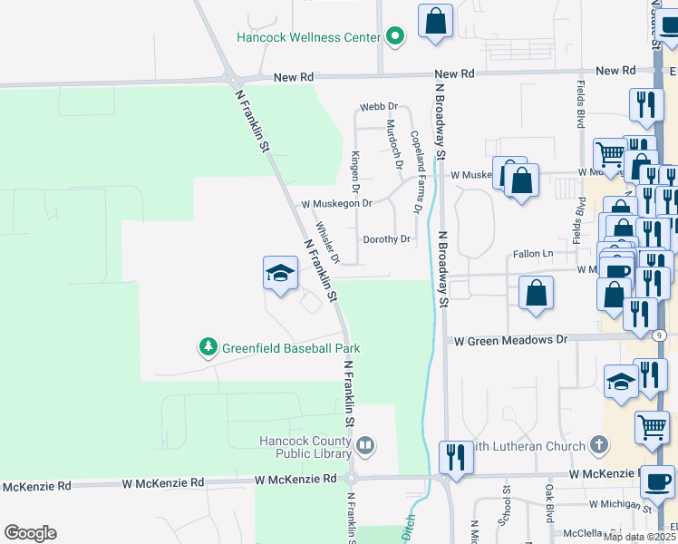 map of restaurants, bars, coffee shops, grocery stores, and more near 1563 Whisler Drive in Greenfield