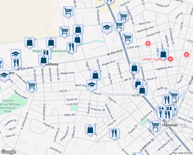 map of restaurants, bars, coffee shops, grocery stores, and more near 459 High Street in Hanover
