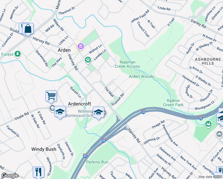 map of restaurants, bars, coffee shops, grocery stores, and more near 1511 The Mall in Wilmington