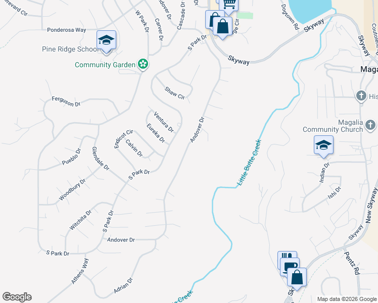 map of restaurants, bars, coffee shops, grocery stores, and more near 13728 Andover Drive in Magalia