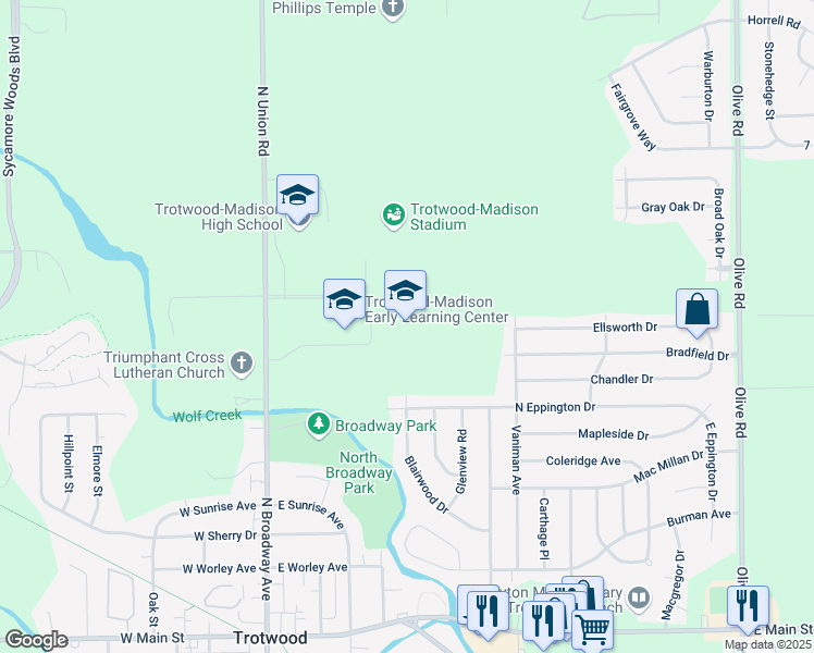 map of restaurants, bars, coffee shops, grocery stores, and more near 4420 North Union Road in Dayton
