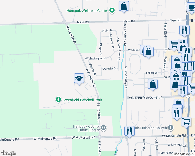 map of restaurants, bars, coffee shops, grocery stores, and more near 1563 Whisler Drive in Greenfield