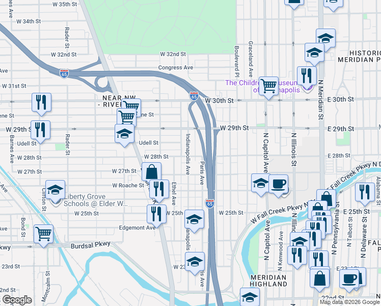 map of restaurants, bars, coffee shops, grocery stores, and more near 2807 Indianapolis Avenue in Indianapolis