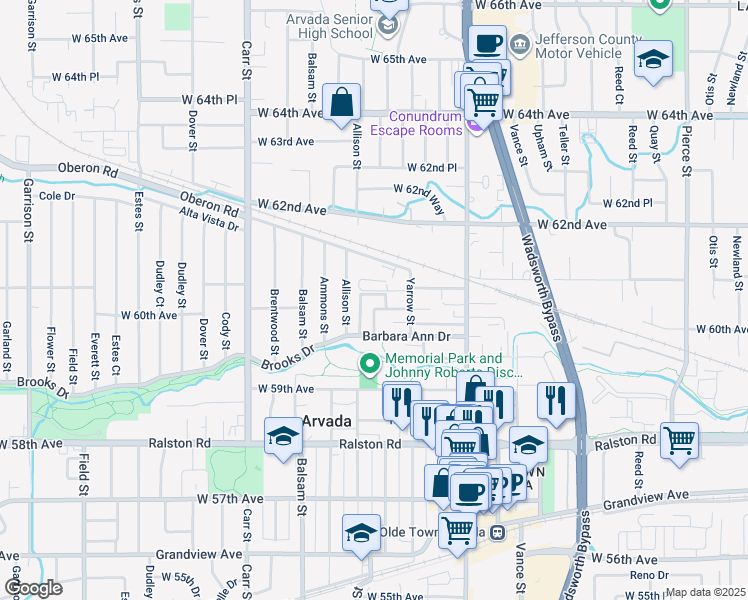 map of restaurants, bars, coffee shops, grocery stores, and more near 7835 Barbara Ann Drive in Arvada