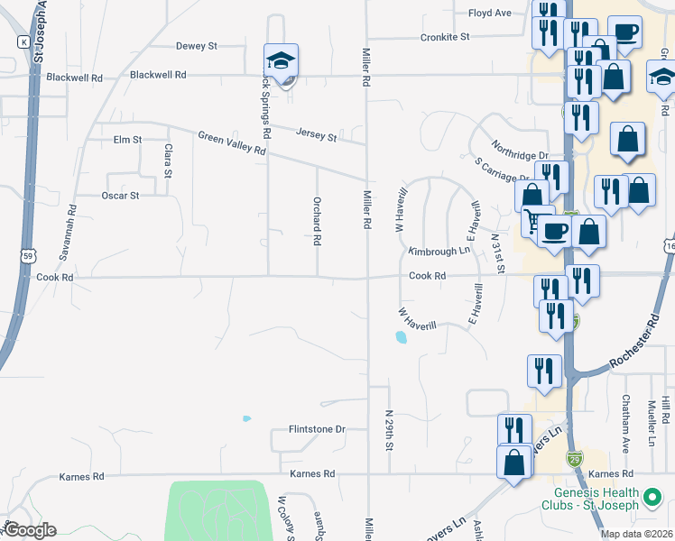 map of restaurants, bars, coffee shops, grocery stores, and more near 2729 Cook Road in Saint Joseph